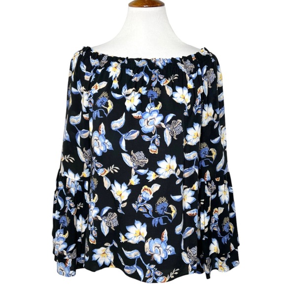 White House Black Market Tops - SOLD-WHBM Black Blue White Floral Print Off The Shoulder Bell Sleeve Peasant Top